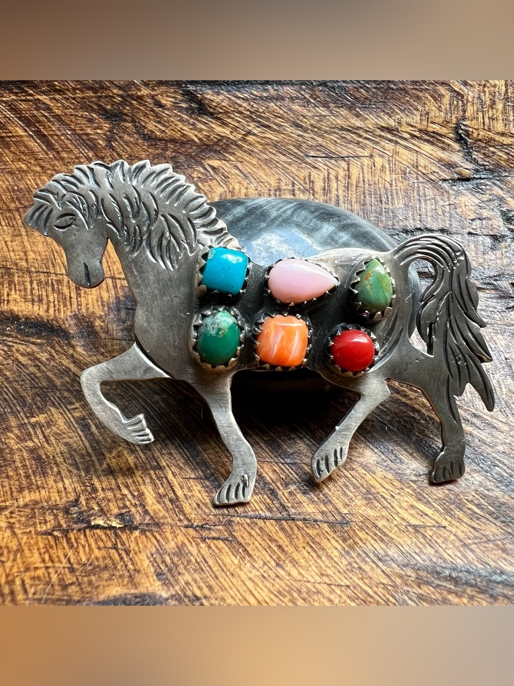 Sterling Silver Multi Stone Horse Pendant Kingman Conch Spiny Coral